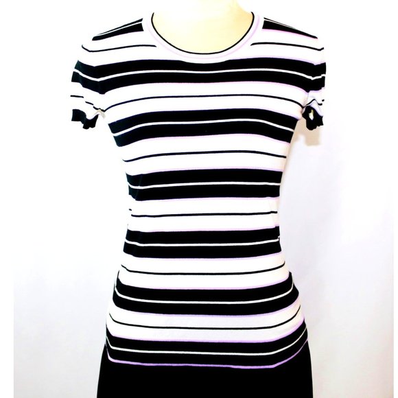 Ralph Lauren Black White Lavender Striped Short Sleeve Crew Neck Sweater XS EUC! - Picture 1 of 4